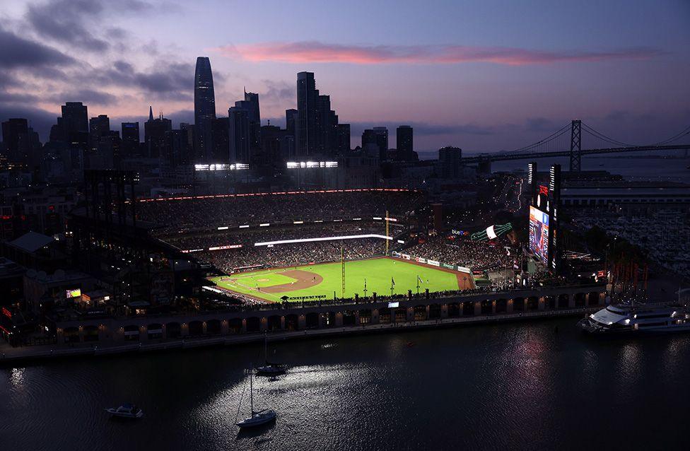 An aerial view of the San Francisco Giants playing agains the Atlanta Braves at Oracle Park stadium in California. Photo by Ezra Shaw