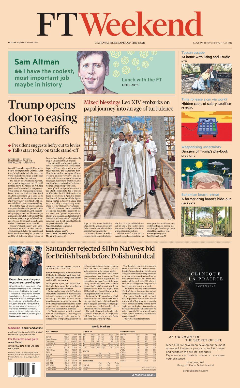 Financial Times front page on Saturday 10 May 2025