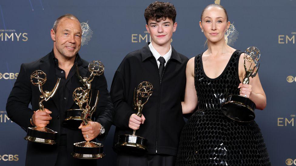 Stephen Graham, Owen Cooper, and Erin Doherty pose in the press room during the 77th Primetime Emmy Awards at Peacock Theater on September 14, 2025 in Los Angeles, California.