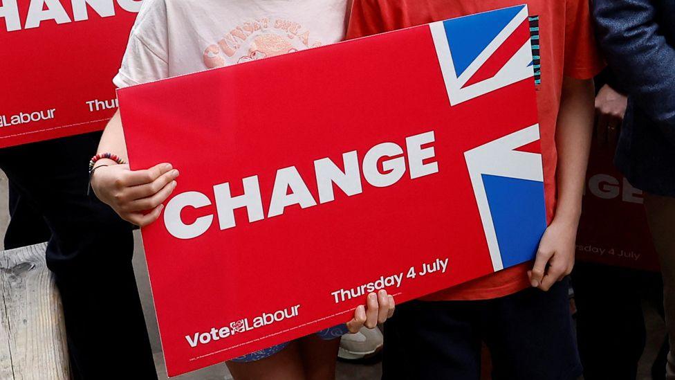 A sign reading "Change" and sporting a red background with a half-Union Jack on it