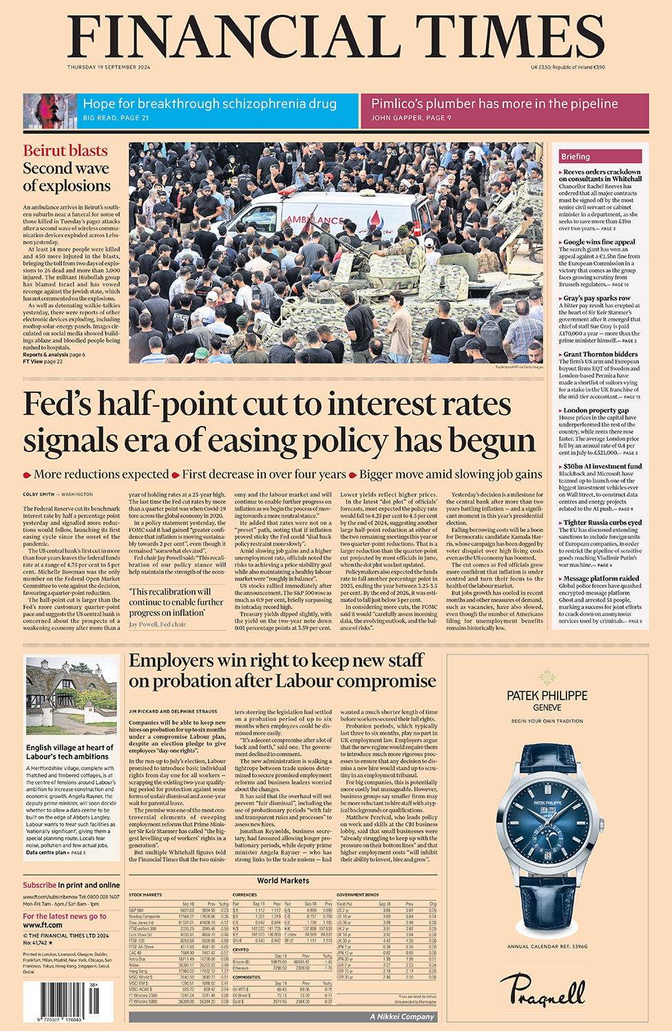 The Financial Times headline reads "Fed's half-point cut to interest rates signals era of easing policy has begun". 