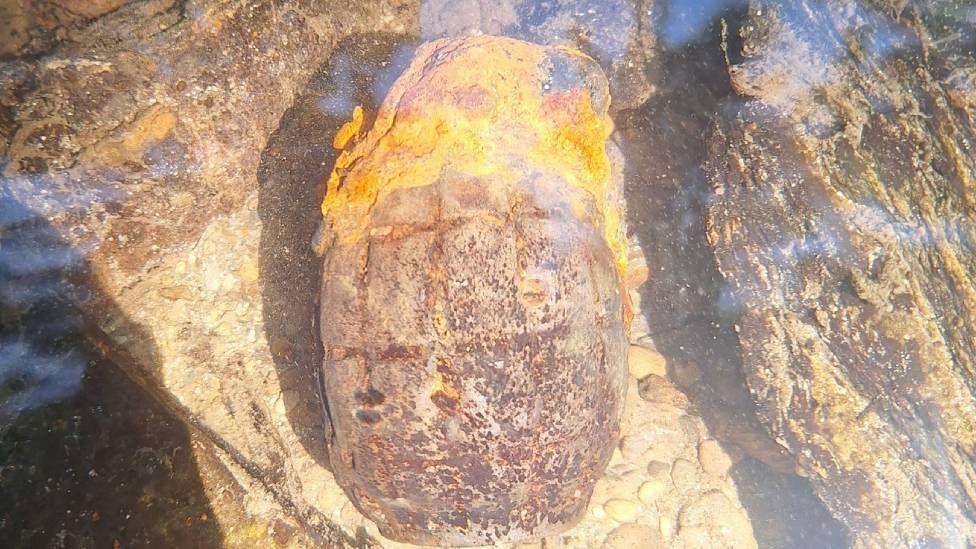 A Mills bomb hand grenade under water. It is rusted and bright yellow at the top of it.