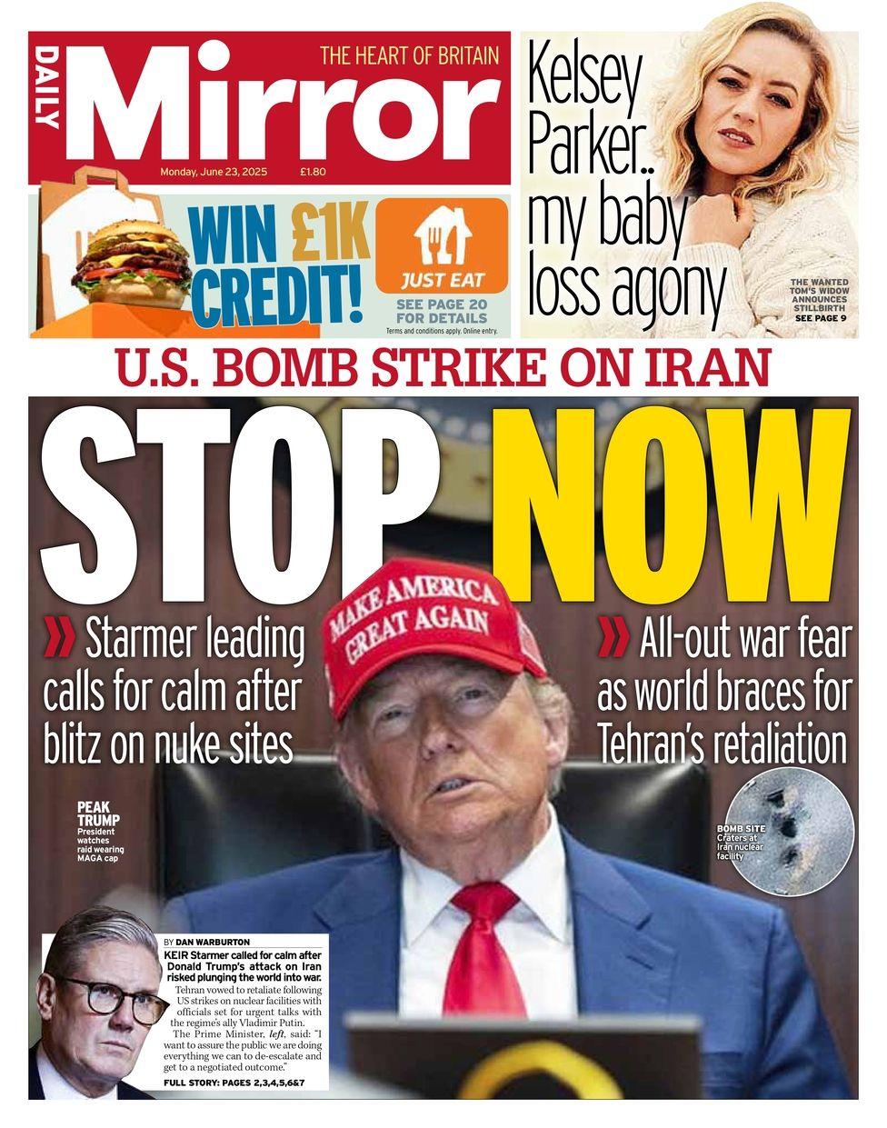 The headline on the front page of the Daily Mirror reads: "US bomb strike on Iran: Stop now"