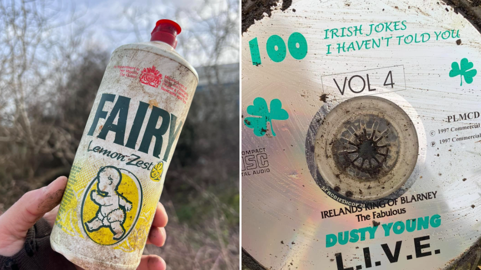 An old washing-up liquid bottle on the right and a CD of Irish jokes on the left