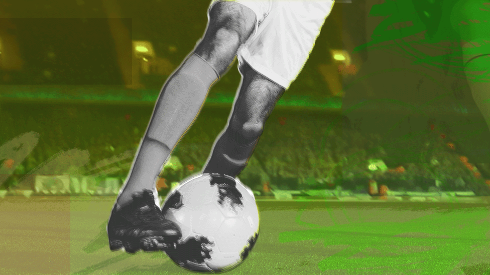 A graphic of a player's legs with a football, over a green filter and a football pitch