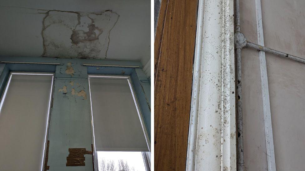 Two pictures side by side show the poor state of the walls. The first picture shows peeling paint on the walls and a damp patch on the ceiling. The second picture shows damp on a door frame. 