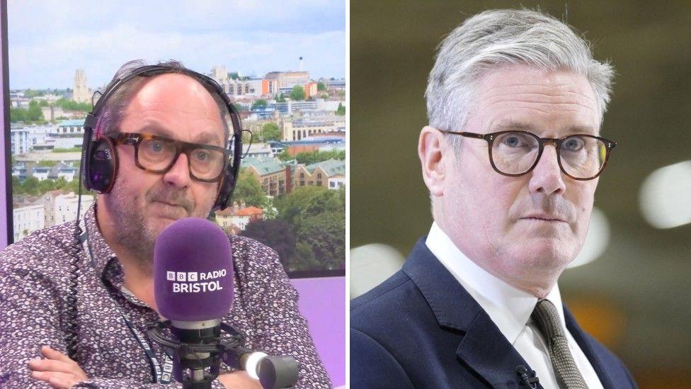 John Darvall sat on the left of a composite image, in a purple studio with a microphone in front of him. On the right is Keir Starmer with grey hair and brown glasses.