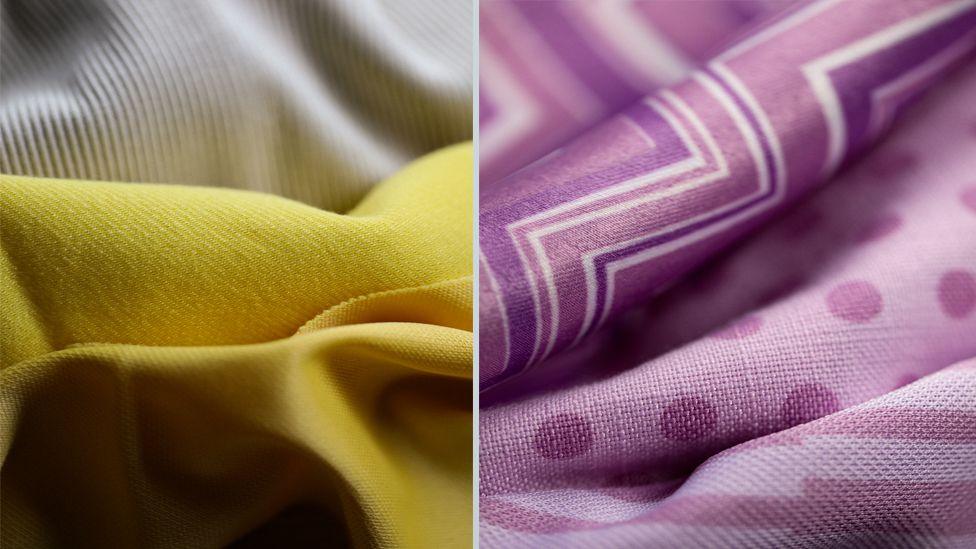 Cloth and scarves coloured in mustard, beige and purple.