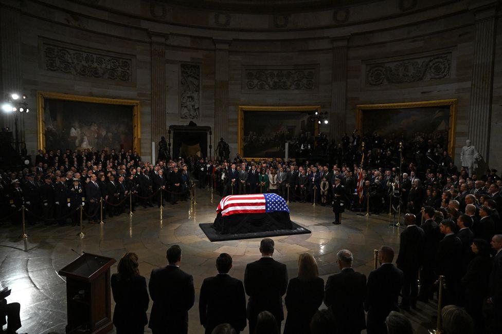 The US flag draped coffin of US President Jimmy Carter as he lies in state at the Capitol Rotunda in Washington DC