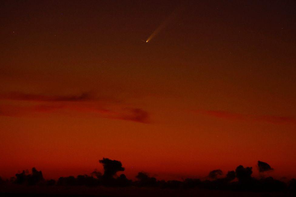 A view shows Comet C/2023 A3 (Tsuchinshan-ATLAS), known as the comet of the century, photographed before dawn from Arinaga, on the island of Gran Canaria, Spain, September 27, 2024. 