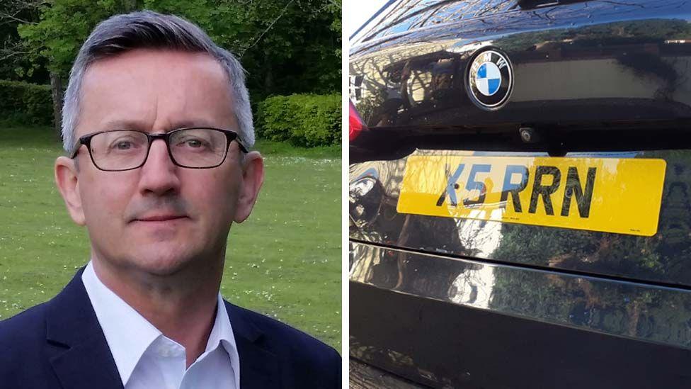 A split image of Rob Nicholls and his personalised number plate X5 RRN on the back of his black BMW