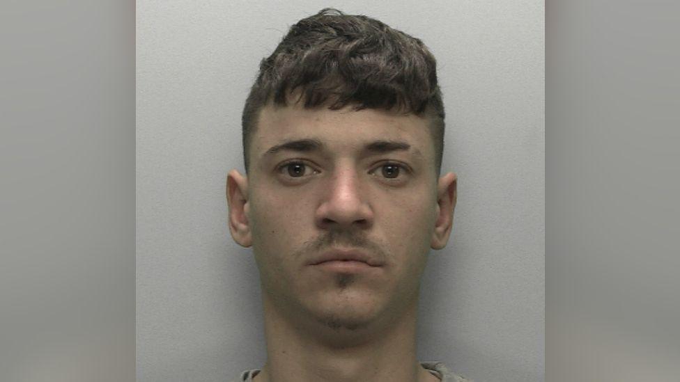 Mug shot of Eugen Simion. He has dark hair, a slight moustache and is staring into the camera.