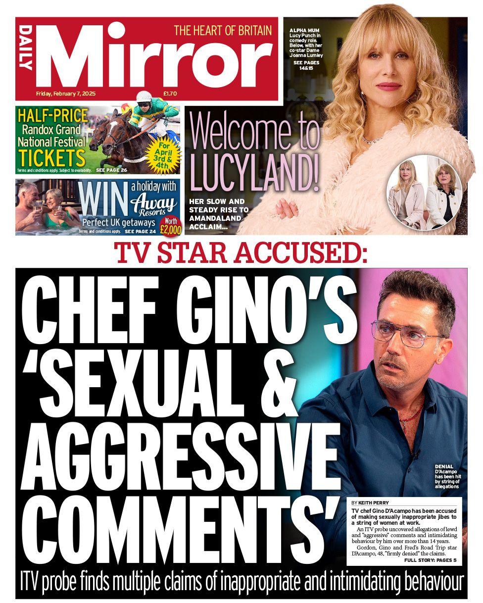 Daily Mirror front page with headline: Chef Gino's 'sexual & aggressive comments' 