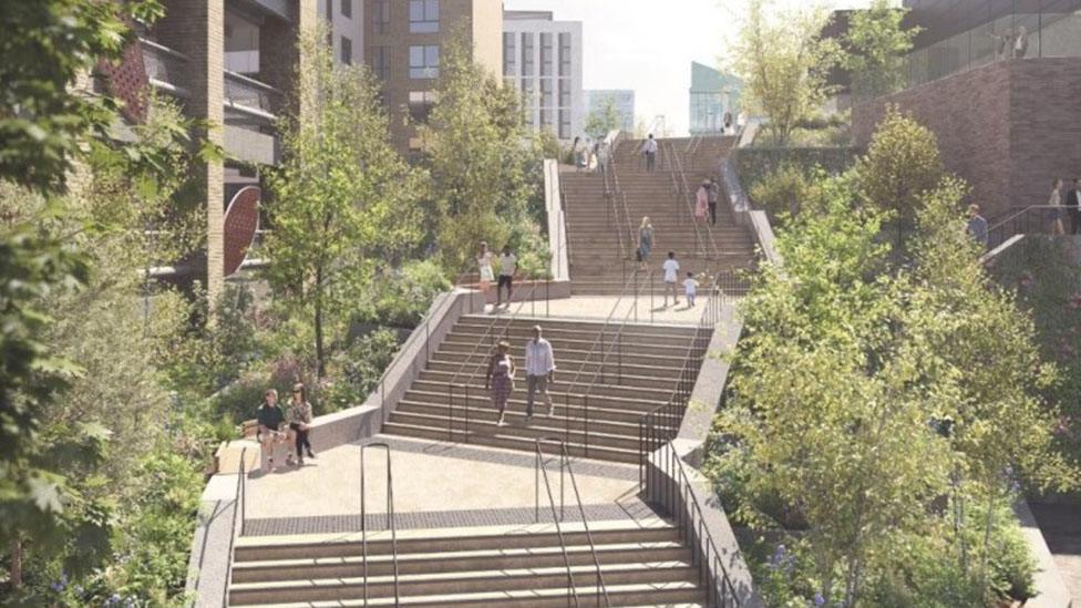 Revised designs for the linear park at the Sage arena and conference centre on the Gateshead Quayside