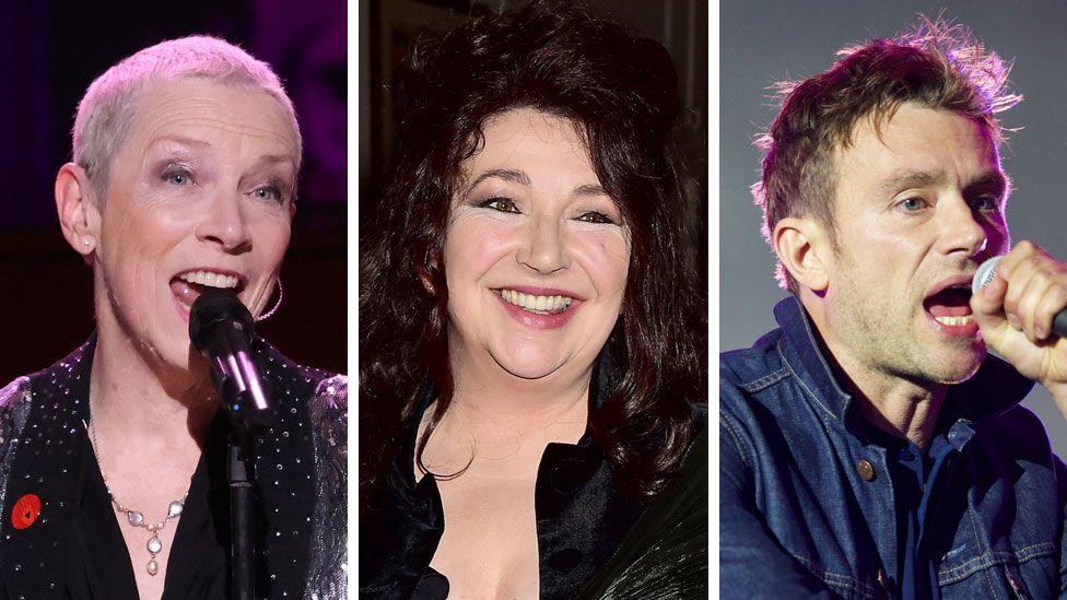 A composite image of Annie Lennox, Kate Bush and Damon Albarn