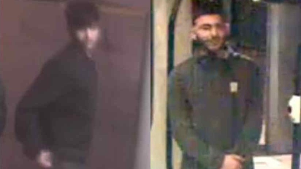 A composite of two blurred CCTV images showing two men at a tram stop in Nottinghamshire
