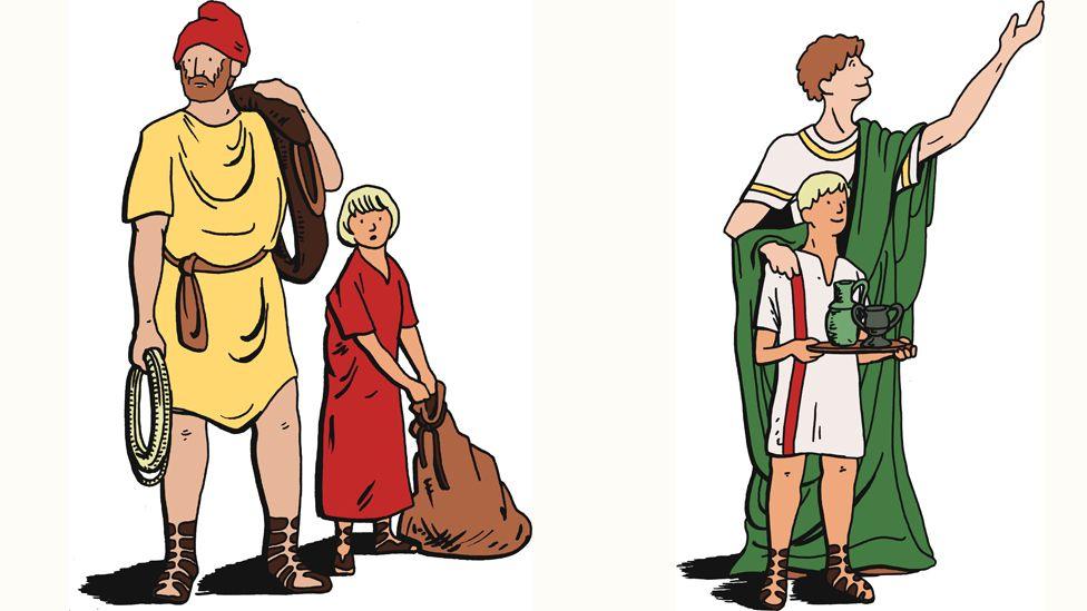 Cartoons of two Roman men and boys