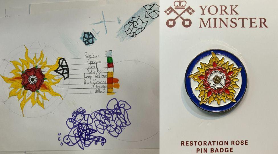 On left hand side there is Laura's original drawing depicting a boss that has a centre in the shape of a Yorkshire rose in a red colour surrounded by yellow petals, on the right is a picture of the new pin badge inspired by Laura's design 