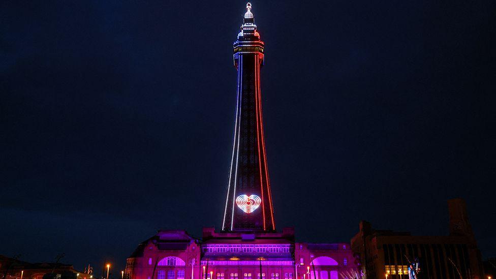 Blackpool Tower is illuminated in red white and blue to mark King Charles' coronation in 2023