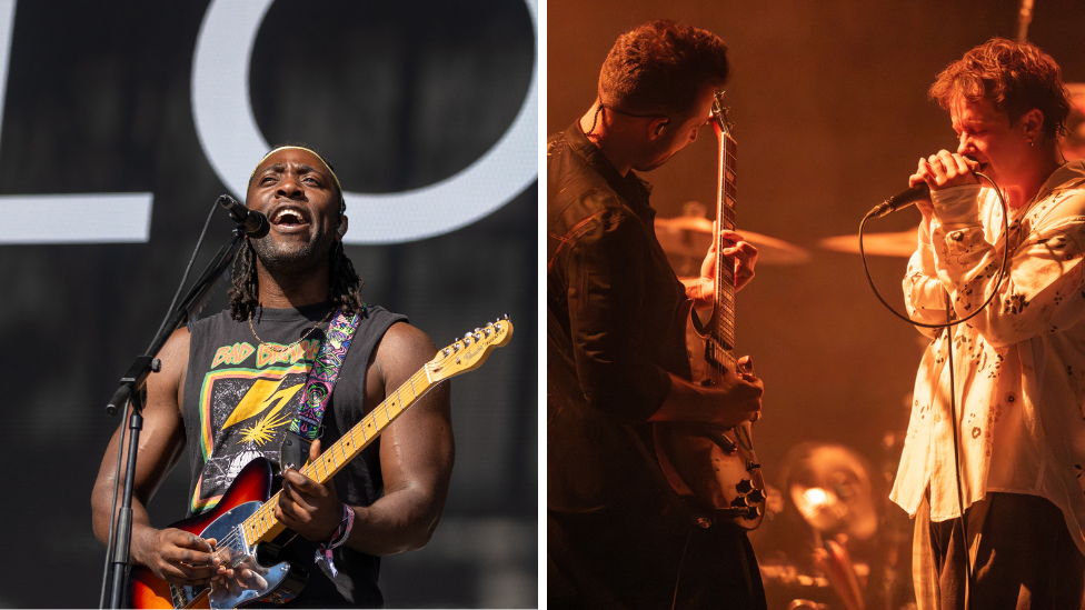 Two pictures split by a central white line. On the left is Kele Okereke of Bloc Party, who is playing a guitar on stage whilst singing into a microphone. On the right are Dom Craik and Conor Mason of Nothing But Thieves. Mason is singing whilst Craik is playing guitar.