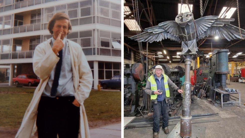 Composite image. On the left is an old picture of Bill Whitehead making a funny face standing outside Churchfields School. On the right is Bill Whitehead now standing next to the large metal owl sculptor in a garage 