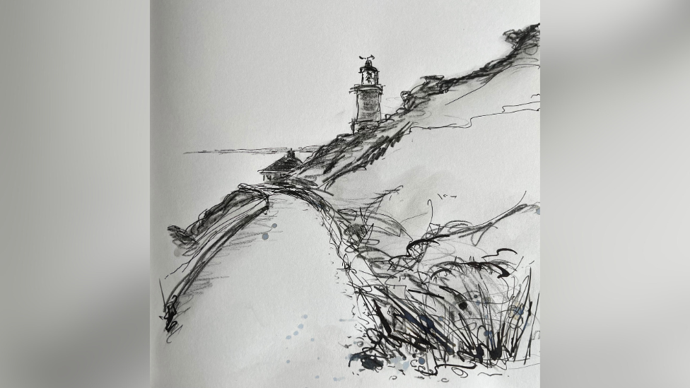 Pen sketch of path leading towards Start Point Lighthouse