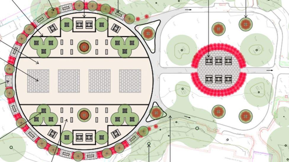 Graphic of the redevelopment of Towneley Gardens in Longridge showing a circular flagged path with patches of grass and trees and a stone path