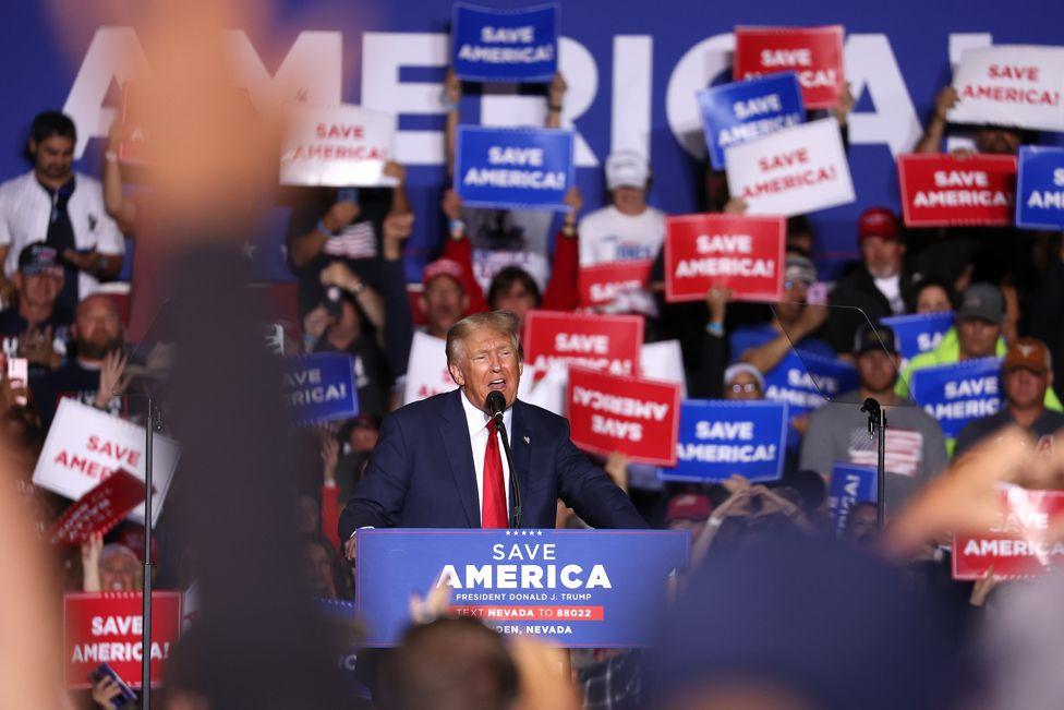 Trump speaks during a campaign rally at Minden-Tahoe Airport on 8 Oct 2022. President Trump held a campaign style rally for Nevada GOP candidates ahead of the state's midterm election. 