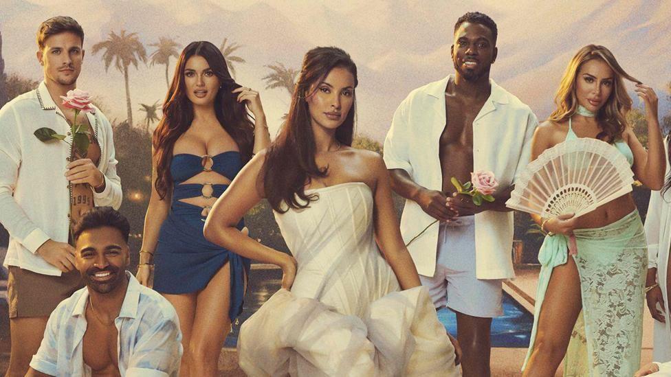 A Love Island All Stars cast shot with glamorous outfits on contestants and Maya Jama