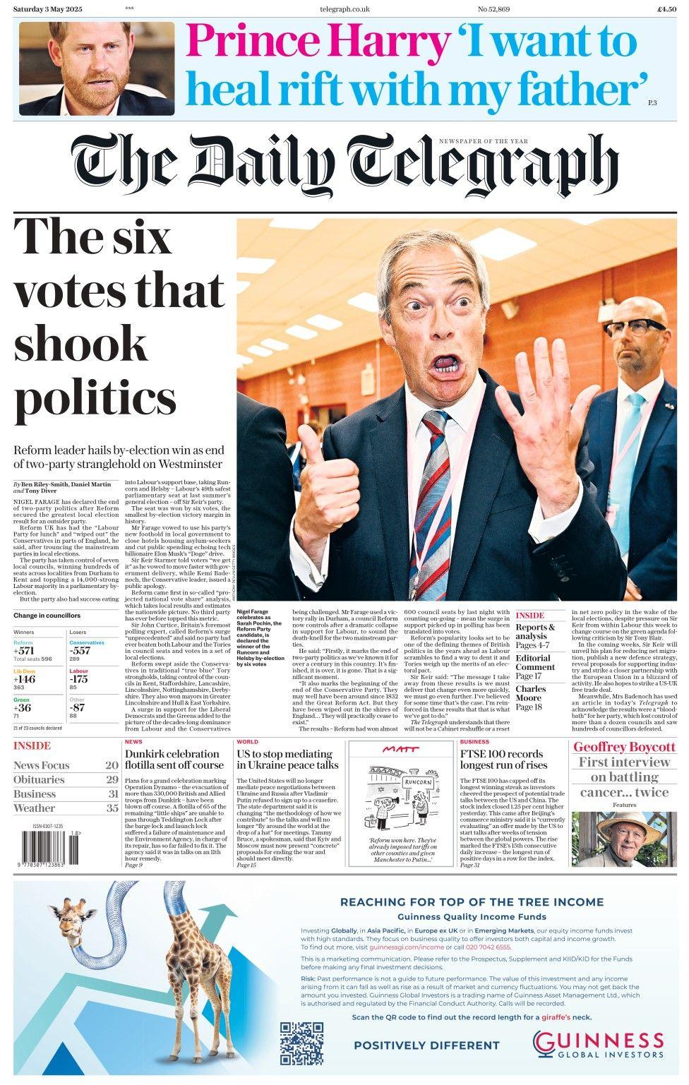 The headline in The Daily Telegraph reads: The six votes that shook politics