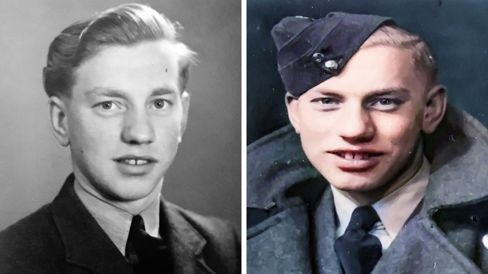Composite portraits of Norman as a young man. To the left is a black and white image of him in a shirt, tie and blazer. To the right is a faded image in colour of him in uniform with a barge coat, blazer, tie, shirt and hat.