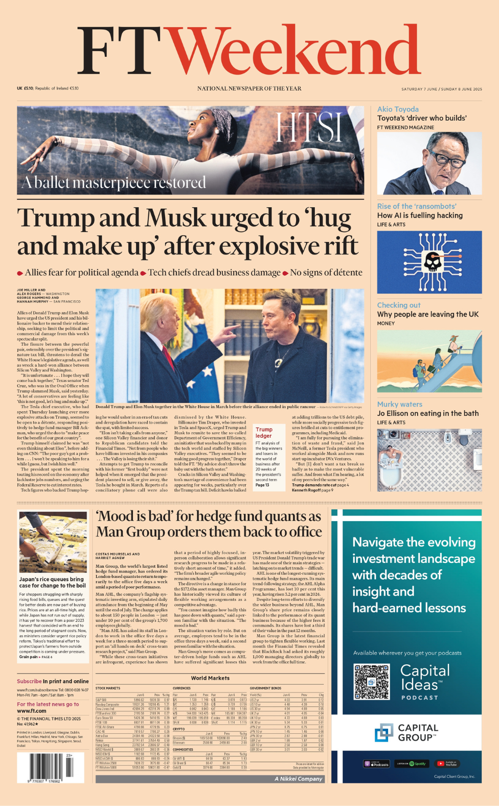 The headline on the front page of The Financial Times reads 'Trump and Musk urged to hug and make up after explosive rift'