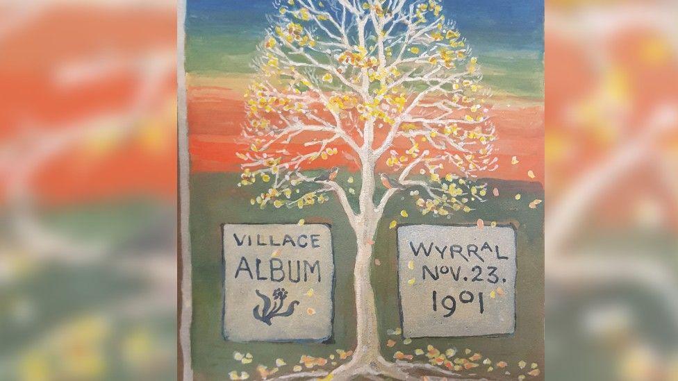 A painting in the 1901 village album of a tree falling onto the floor. It has two signs saying 'village album' and 'Wyrral Nov. 23.1901'. In the background of the tree is red, yellow and blue colours.