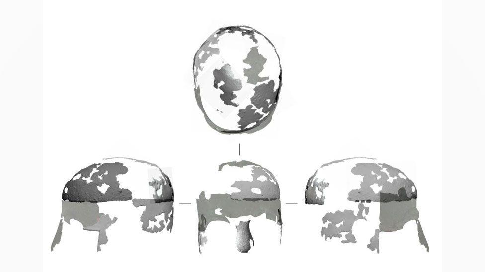 Four views of a 3D model of the helmet using the fragments. They are grey on a white background. The top view shows the top of the helmet and below it are three views of its two sides and a front view.