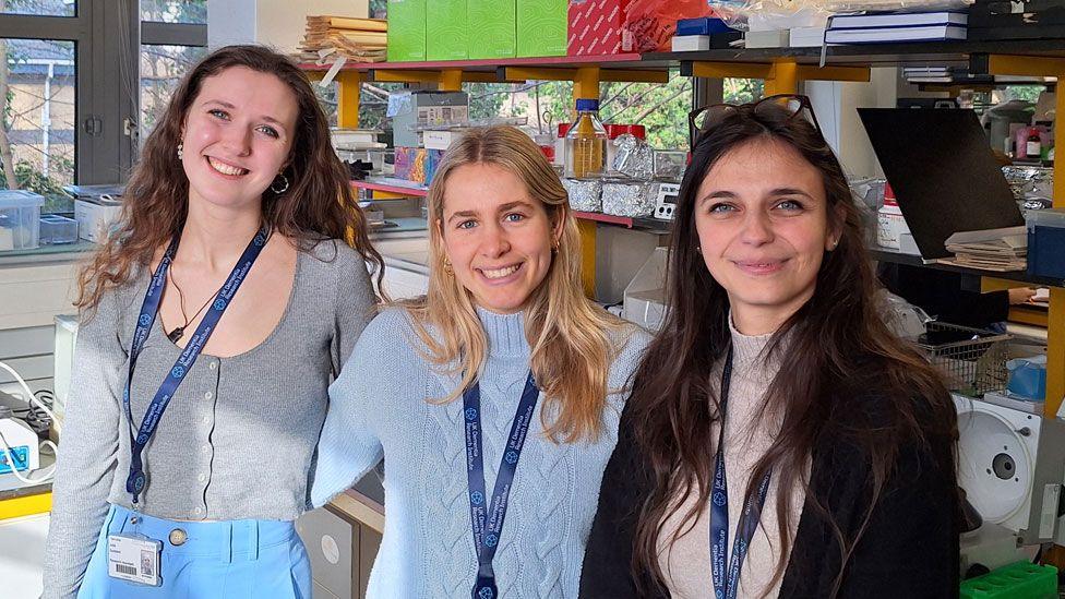 Dr Maura Malpetti with two other women, who are part of the the Open Network for Frontotemporal dementia Inflammation Research (ON-FIRE) team. She is on the right with long dark hair over a dark jacket and pink jumper. To her right are a woman with long blonde hair over a pale blue jumper and to her right is a woman with curling mid-brown hair and a grey top. Behind them are packed shelves in a laboratory setting. 