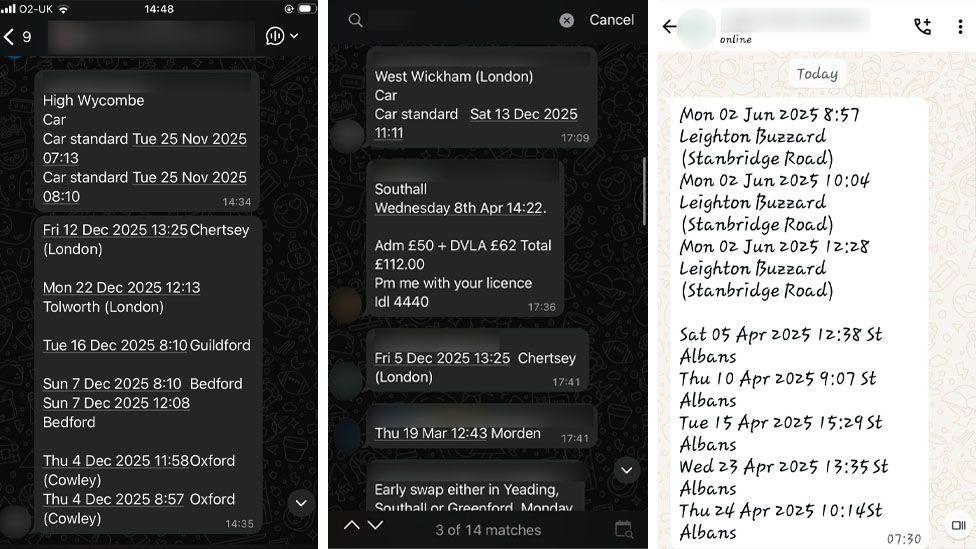A composite of three whatsapp conversations. In each of them, names and telephone numbers are blurred. All the messages list driving test slots by date, time, and location