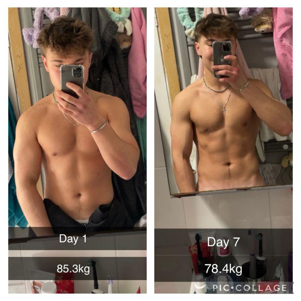 Two images of Nat Walney side by side. The left shows him posing infront of the camera with the caption Day 1, he appears heavier in weight than he does on the second picture, on the right, where he appears thinner and more muscular. The caption on the second image reads Day 7.