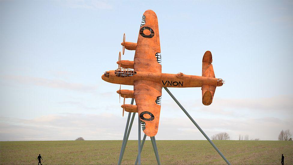 Artist impression of a rust-coloured Lancaster bomber on a metal stand with a field in the background