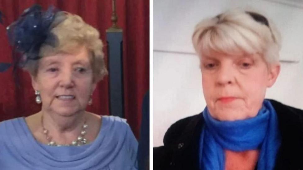 Separate photos of Madeline Elaine Brooks and Beverly Pugsley. Madeline Brooks is wearing a blue dress and a pearl necklace and earrings. She has a blue fascinator in her hair. Beverly Pugsley is wearing a black jacket and a blue scarf. They both have short blonde hair.
