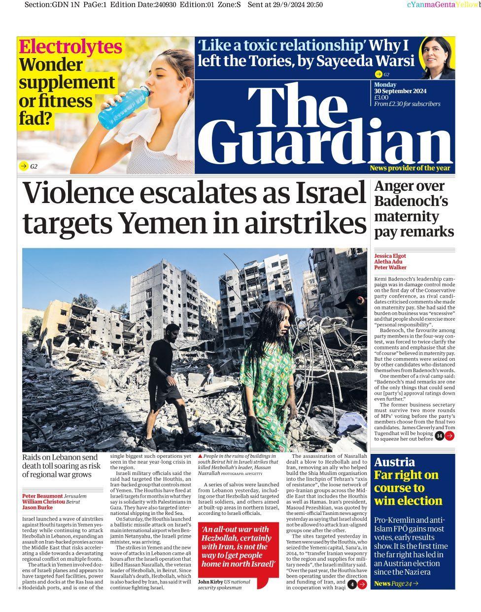 The Guardian front page for 30 September