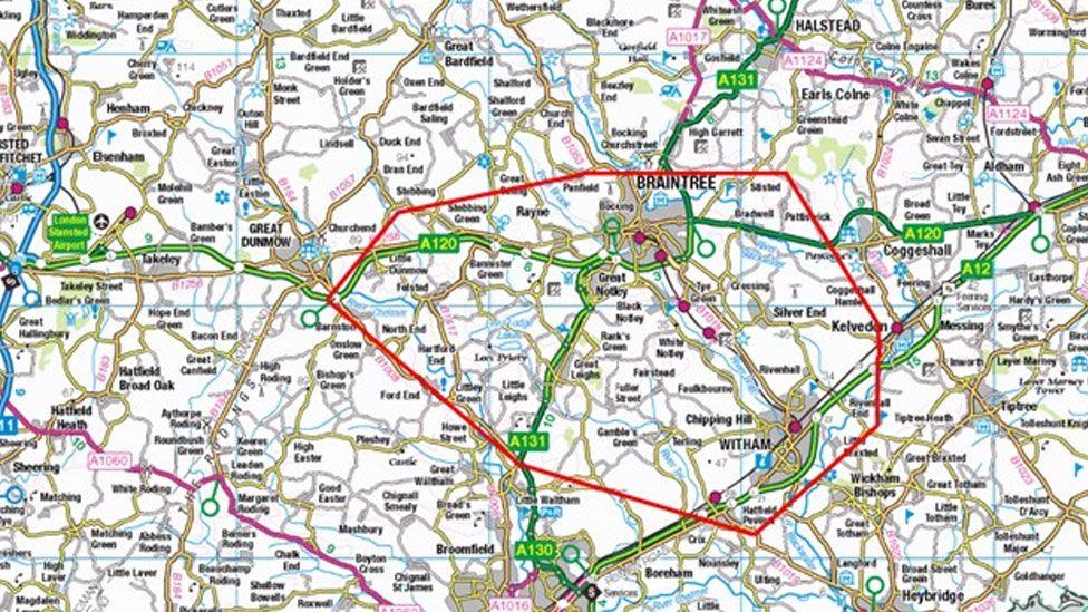 A map showing Braintree and Witham in Essex. The police have added a red line showing the extent of the dispersal order.