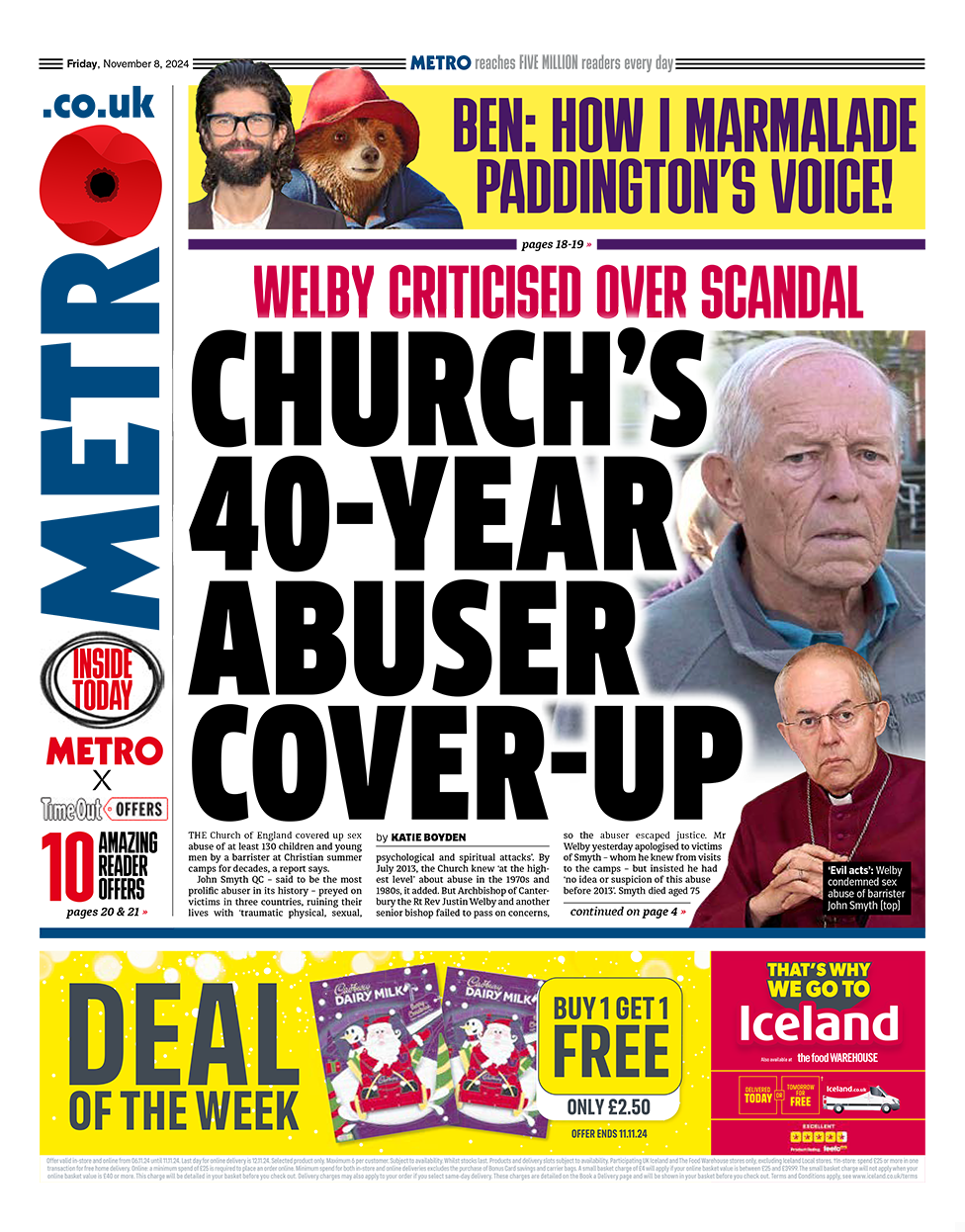 The headline on the front page of Metro reads: "Church's 40-year abuser cover-up" 