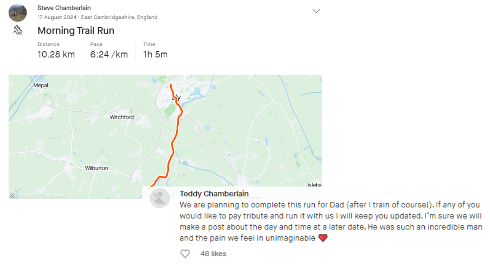 Map of Steve Chamberlain's final run along with a comment from his son vowing to complete it 