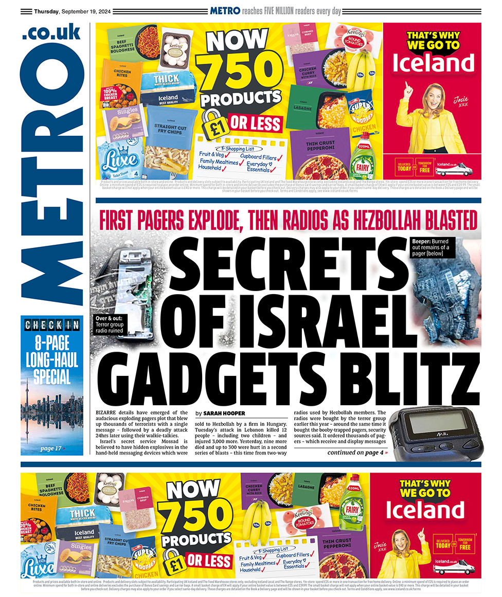 The Metro headline reads "secrets of Israel gadgets blitz" 