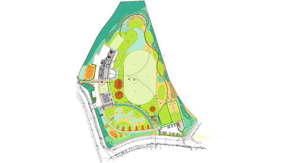 A map of the planned facilty. Nature trails and several buildings make up the site.