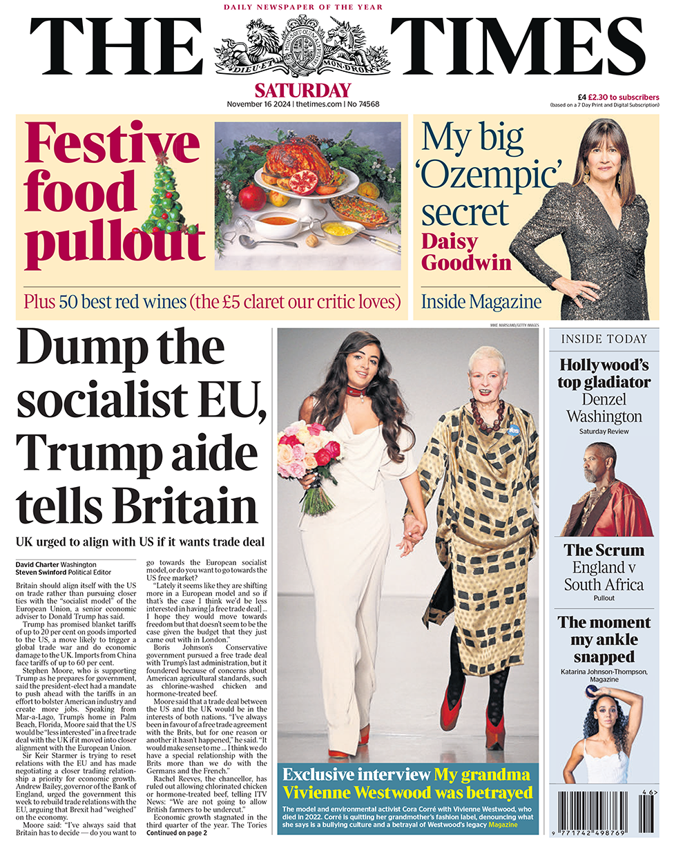 "Dump the socialist EU, Trump aide tells Britain", the Times headlines