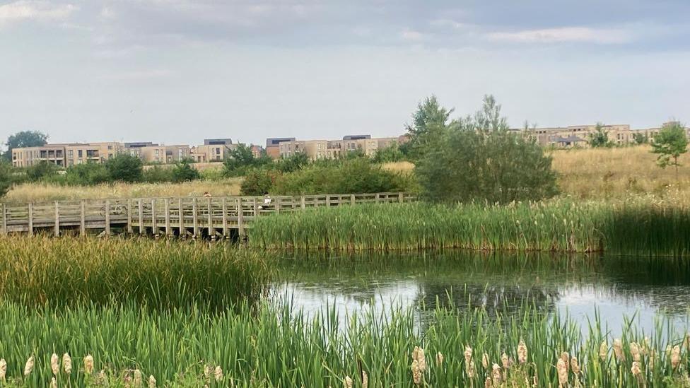 A lake with meadows in the background, with large apartment blocks in the distance.  