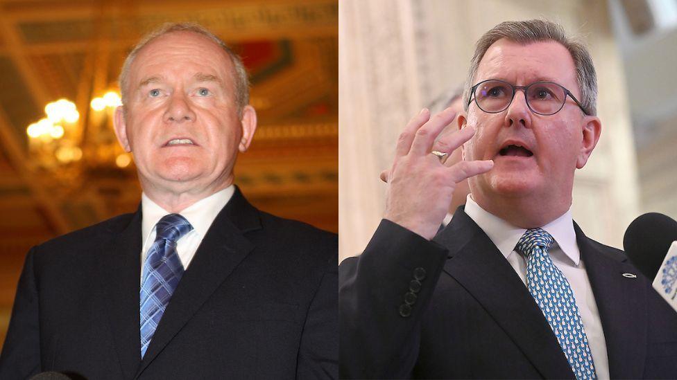 A composite image of Martin McGuinness (left) and Jeffrey Donaldson (right) each giving speeches wearing dark suits, white shirts and pale blue ties. 