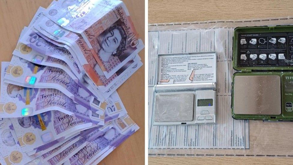 Cash and weighing scales seized at the property are seen in photographs issued by police. There is a wad of £20 and £20 notes and there are two types of weighing scales.