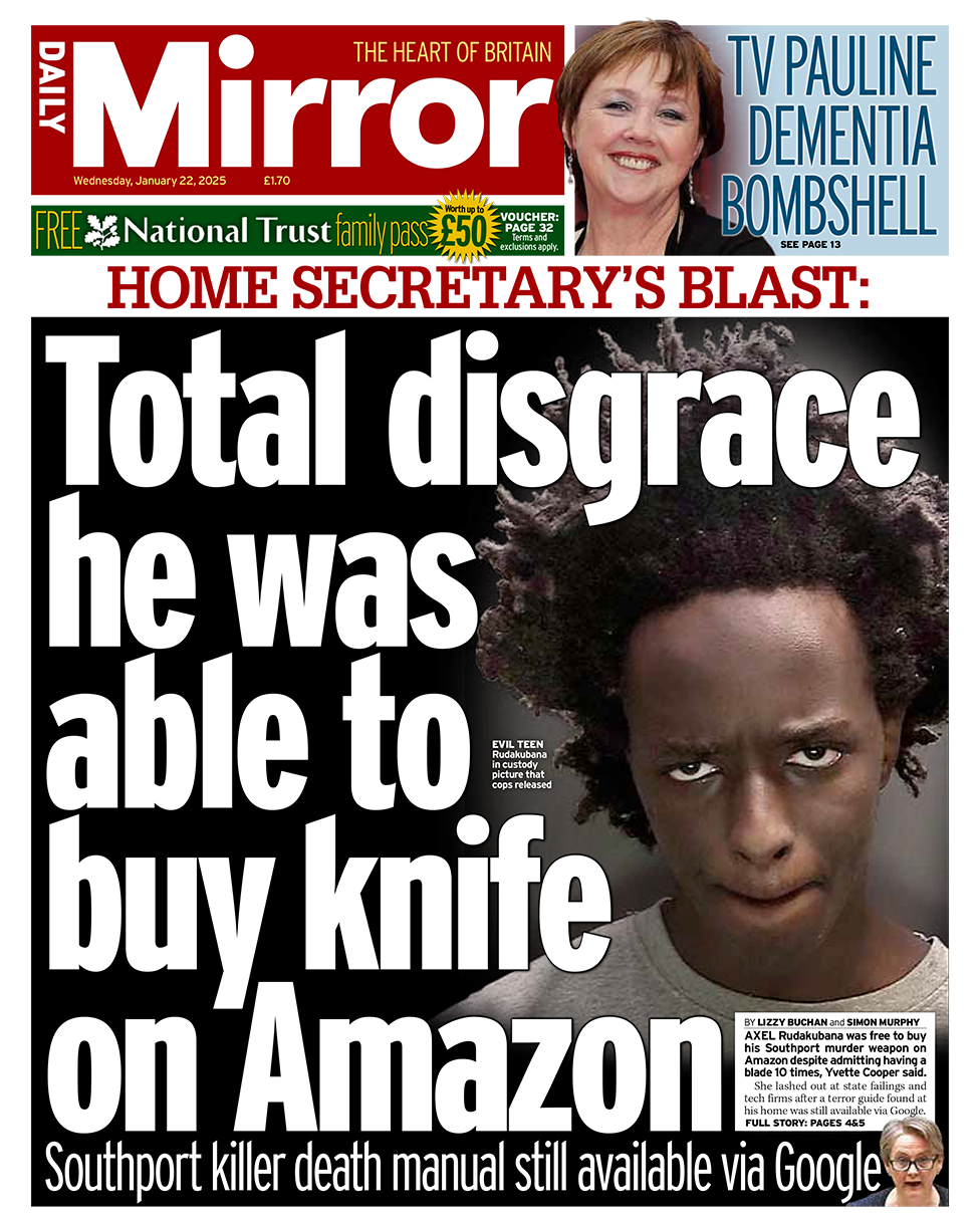 The headline in the Sun reads: "Total disgrace he was able to buy knife on Amazon". 